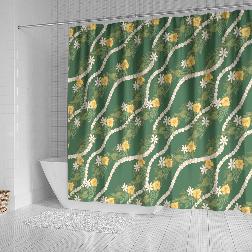 Hawaiian Pikake Maile Lei Shower Curtain Tiare Hibiscus Kalo Palapalai Leaf Green