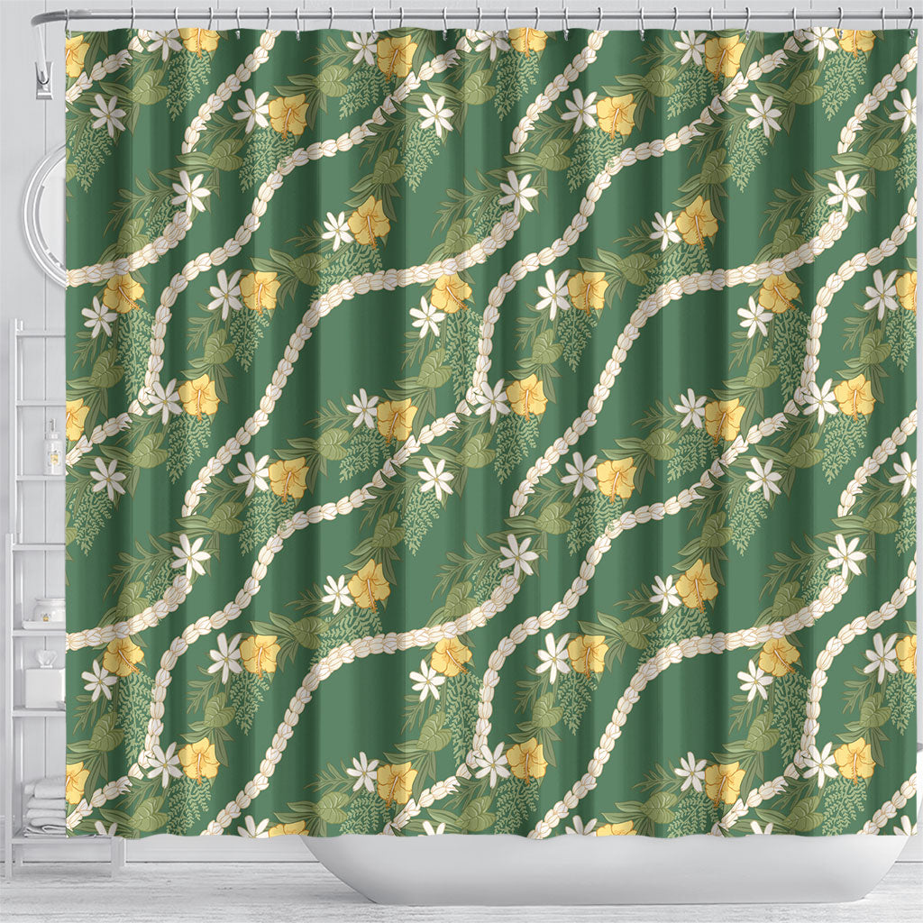 Hawaiian Pikake Maile Lei Shower Curtain Tiare Hibiscus Kalo Palapalai Leaf Green