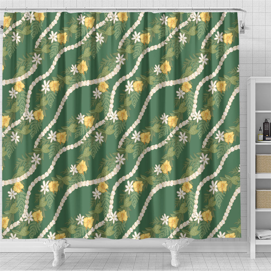 Hawaiian Pikake Maile Lei Shower Curtain Tiare Hibiscus Kalo Palapalai Leaf Green