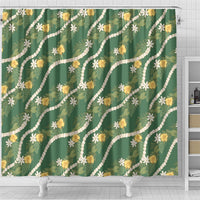 Hawaiian Pikake Maile Lei Shower Curtain Tiare Hibiscus Kalo Palapalai Leaf Green