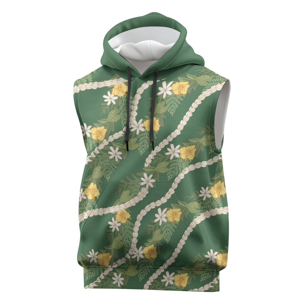 Hawaiian Pikake Maile Lei Sleeveless Hoodie Tiare Hibiscus Kalo Palapalai Leaf Green