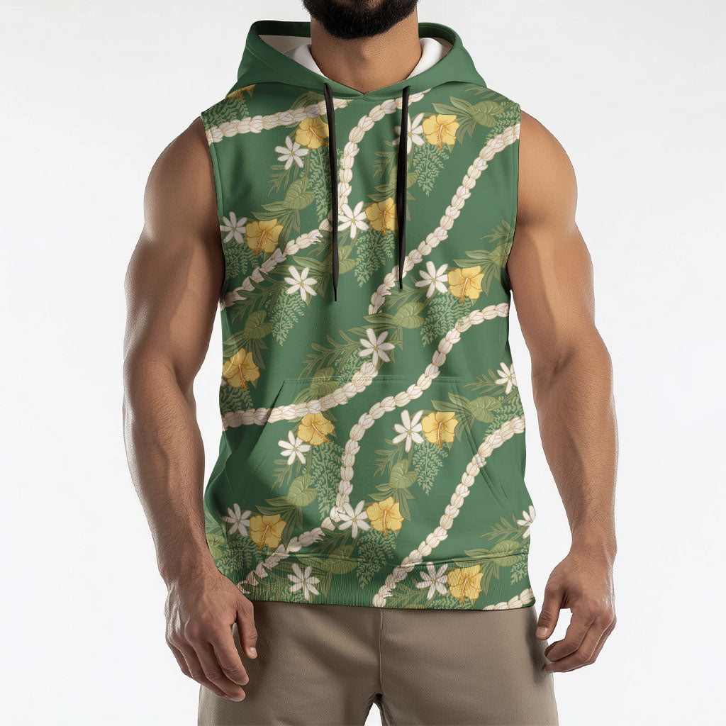 Hawaiian Pikake Maile Lei Sleeveless Hoodie Tiare Hibiscus Kalo Palapalai Leaf Green LT19 - Polynesian Pride