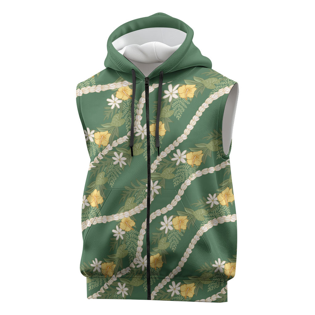 Hawaiian Pikake Maile Lei Sleeveless Zip Hoodie Tiare Hibiscus Kalo Palapalai Leaf Green LT19 Green - Polynesian Pride