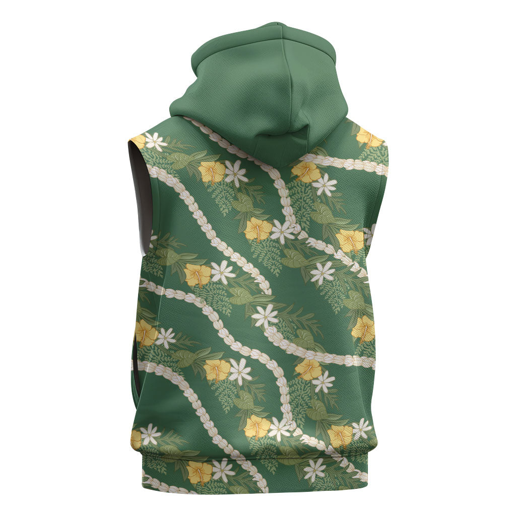 Hawaiian Pikake Maile Lei Sleeveless Zip Hoodie Tiare Hibiscus Kalo Palapalai Leaf Green LT19 - Polynesian Pride