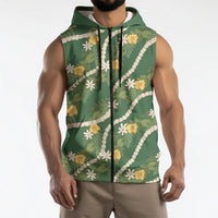Hawaiian Pikake Maile Lei Sleeveless Zip Hoodie Tiare Hibiscus Kalo Palapalai Leaf Green LT19 - Polynesian Pride