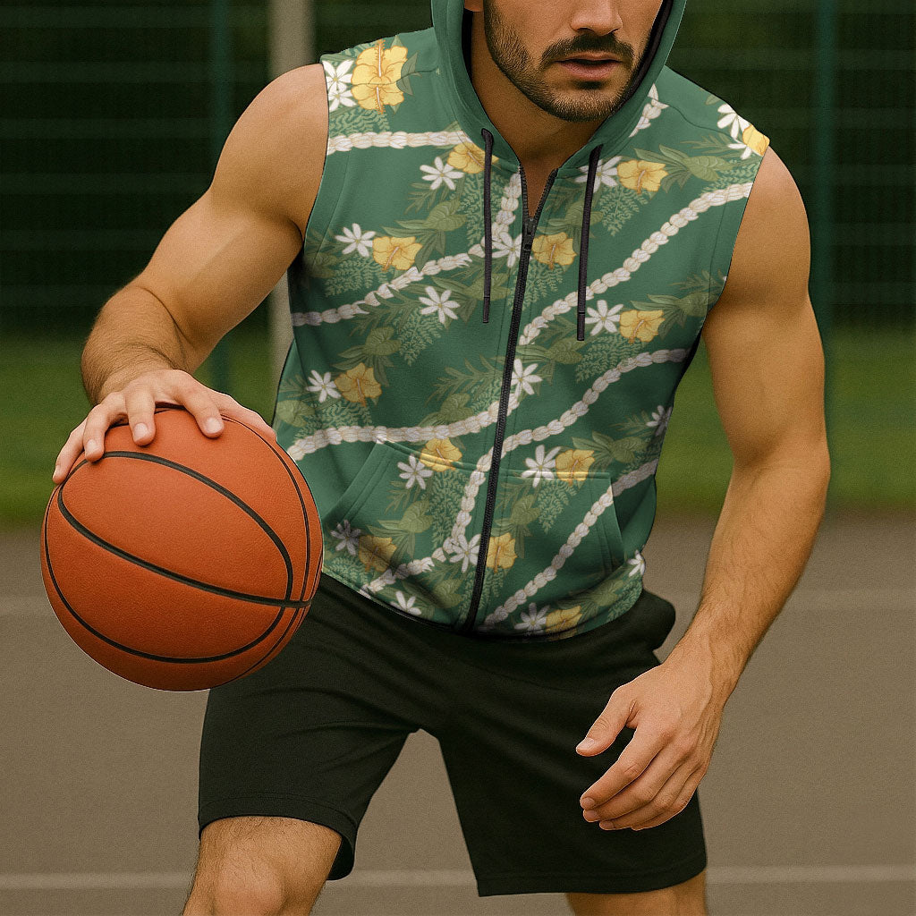Hawaiian Pikake Maile Lei Sleeveless Zip Hoodie Tiare Hibiscus Kalo Palapalai Leaf Green LT19 - Polynesian Pride