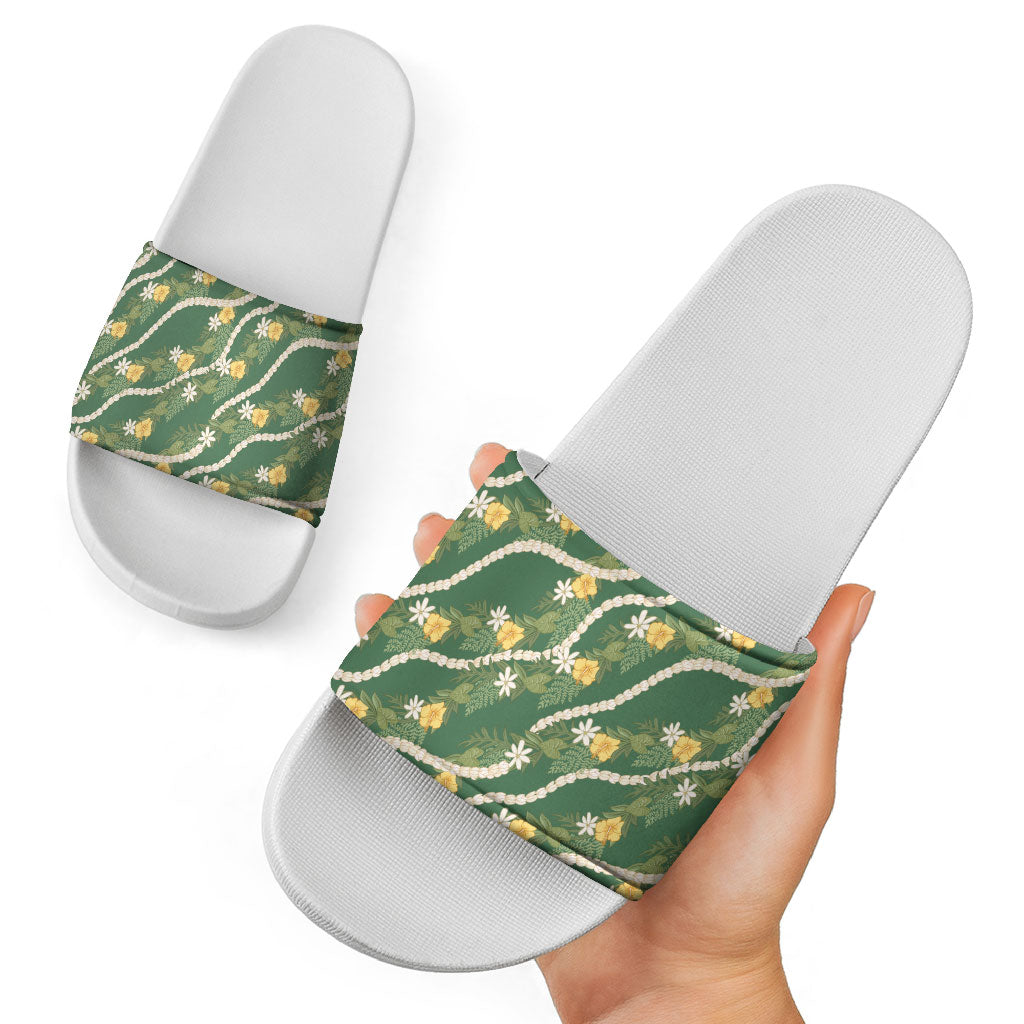 Hawaiian Pikake Maile Lei Slide Sandals Tiare Hibiscus Kalo Palapalai Leaf Green