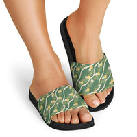 Hawaiian Pikake Maile Lei Slide Sandals Tiare Hibiscus Kalo Palapalai Leaf Green