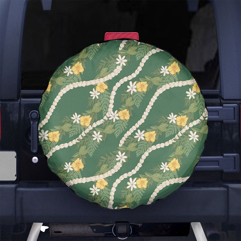 Hawaiian Pikake Maile Lei Spare Tire Cover Tiare Hibiscus Kalo Palapalai Leaf Green