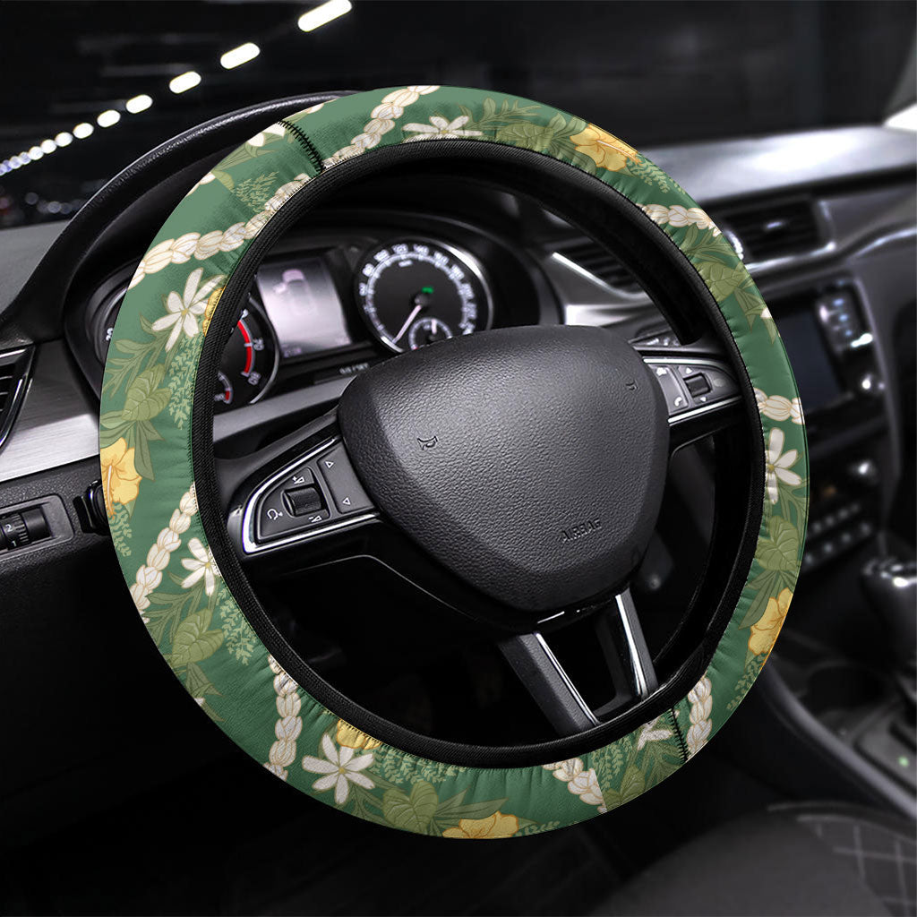 Hawaiian Pikake Maile Lei Steering Wheel Cover Tiare Hibiscus Kalo Palapalai Leaf Green