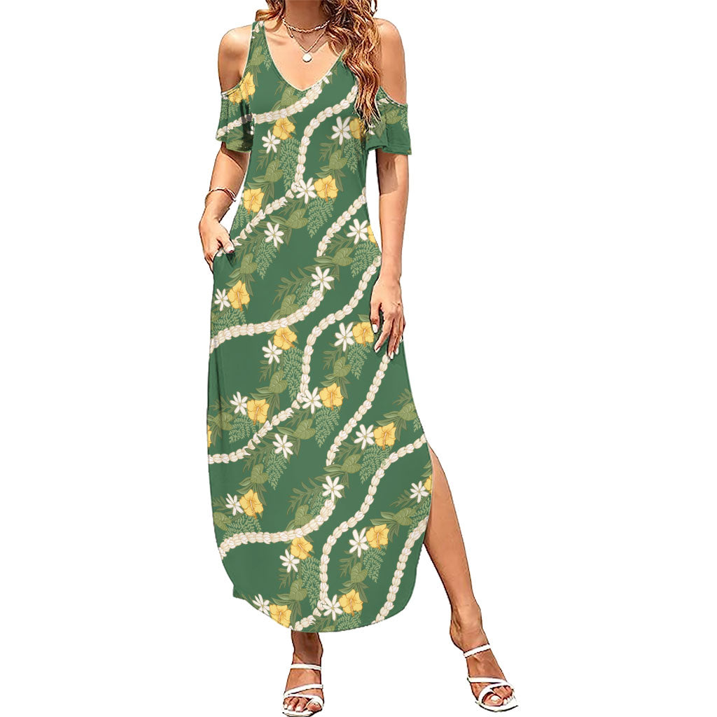 Hawaiian Pikake Maile Lei Summer Maxi Dress Tiare Hibiscus Kalo Palapalai Leaf Green