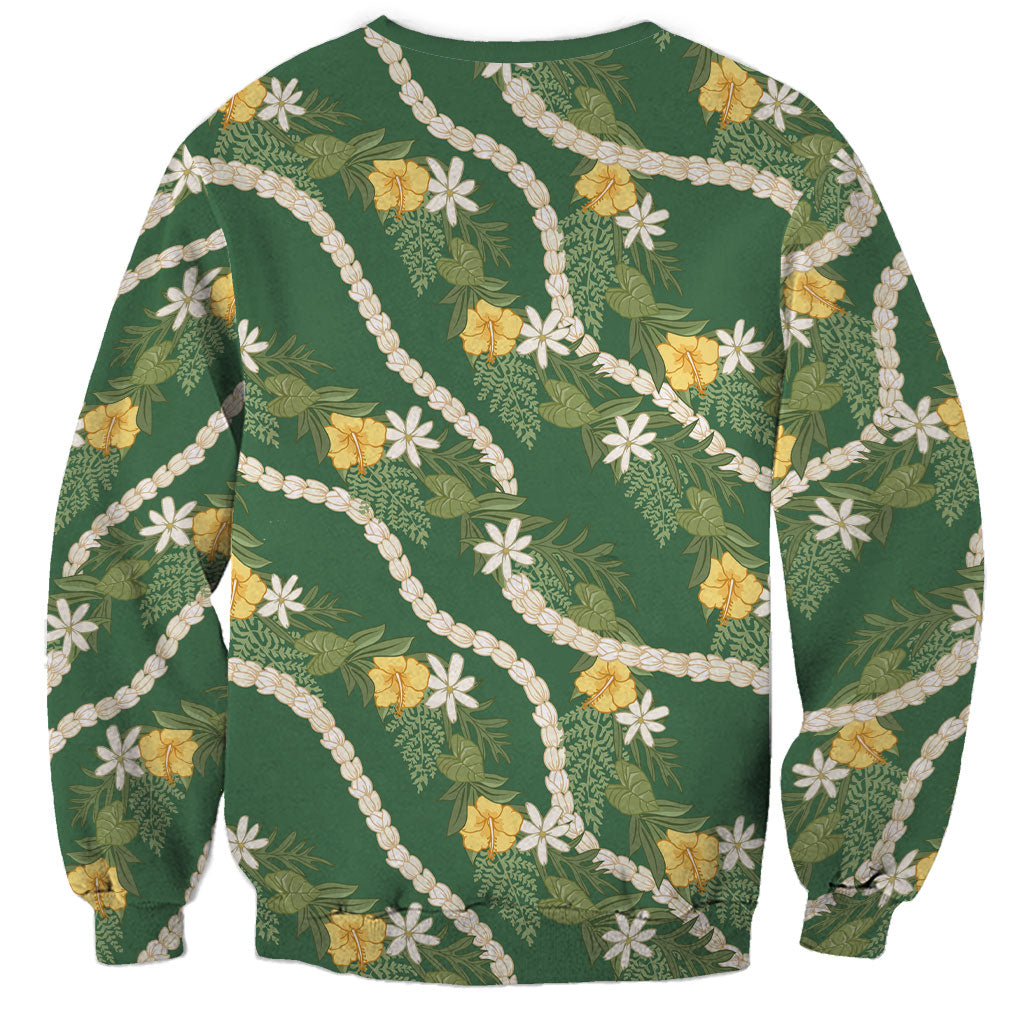 Hawaiian Pikake Maile Lei Sweatshirt Tiare Hibiscus Kalo Palapalai Leaf Green