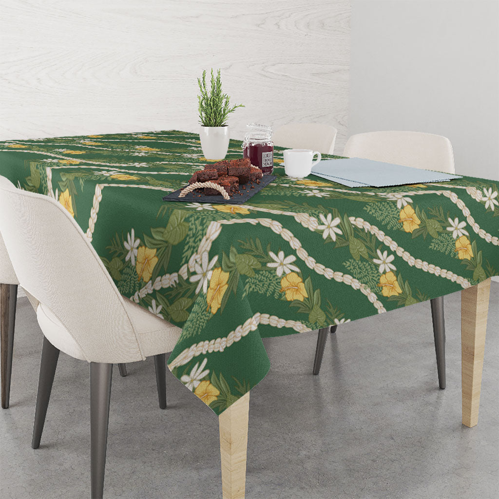 Hawaiian Pikake Maile Lei Tablecloth Tiare Hibiscus Kalo Palapalai Leaf Green