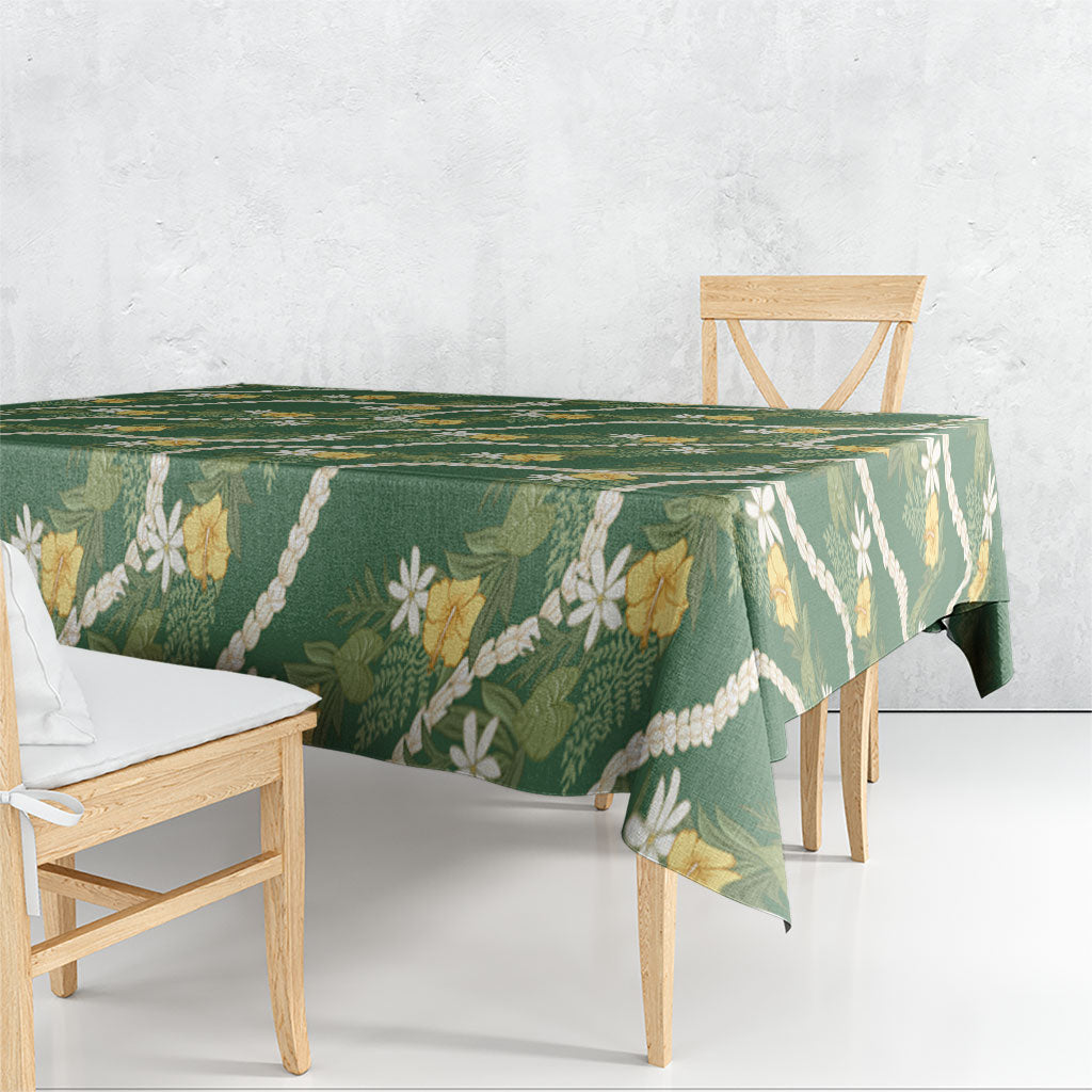 Hawaiian Pikake Maile Lei Tablecloth Tiare Hibiscus Kalo Palapalai Leaf Green