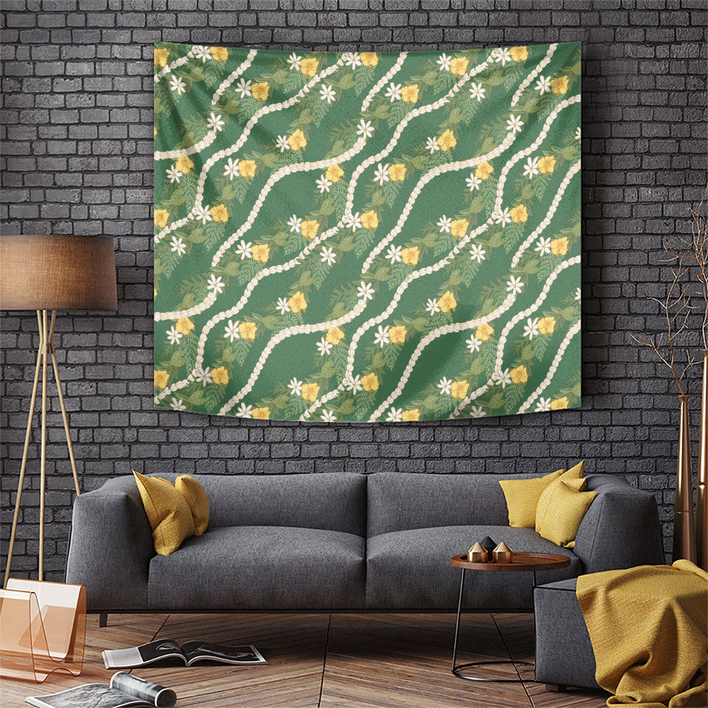 Hawaiian Pikake Maile Lei Tapestry Tiare Hibiscus Kalo Palapalai Leaf Green