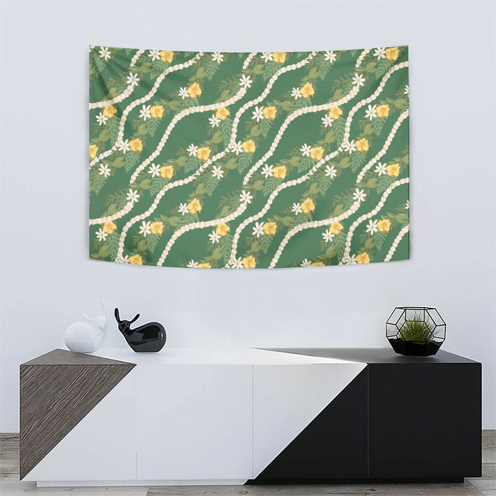 Hawaiian Pikake Maile Lei Tapestry Tiare Hibiscus Kalo Palapalai Leaf Green