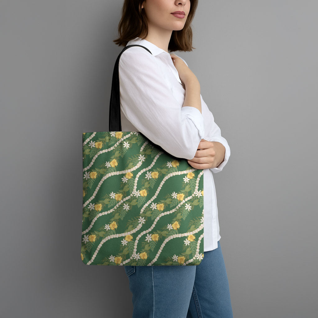 Hawaiian Pikake Maile Lei Tote Bag Tiare Hibiscus Kalo Palapalai Leaf Green