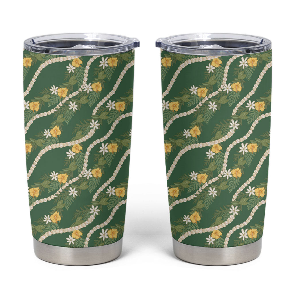 Hawaiian Pikake Maile Lei Tumbler Cup Tiare Hibiscus Kalo Palapalai Leaf Green