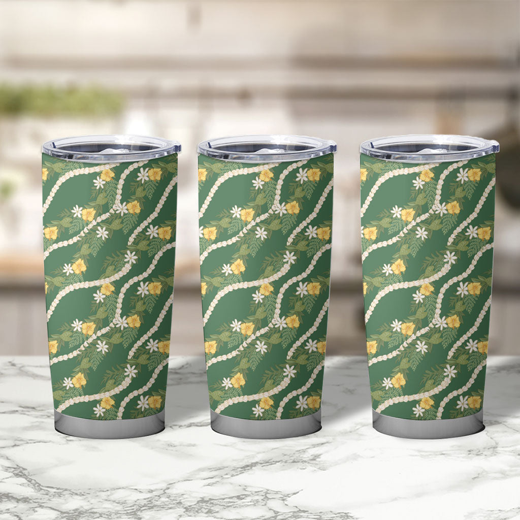 Hawaiian Pikake Maile Lei Tumbler Cup Tiare Hibiscus Kalo Palapalai Leaf Green