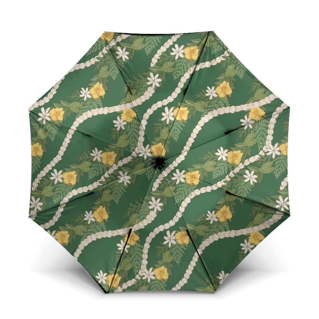 Hawaiian Pikake Maile Lei Umbrella Tiare Hibiscus Kalo Palapalai Leaf Green