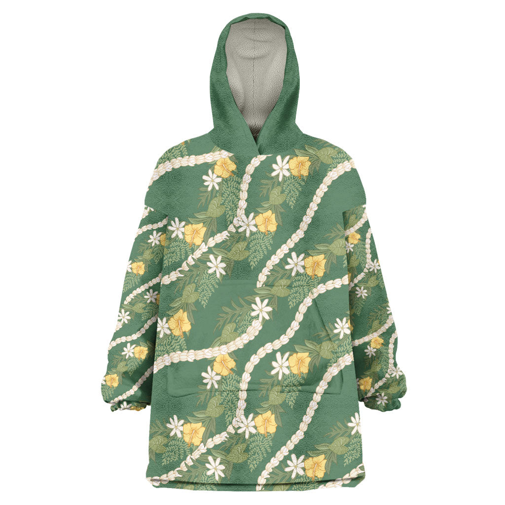 Hawaiian Pikake Maile Lei Wearable Blanket Hoodie Tiare Hibiscus Kalo Palapalai Leaf Green