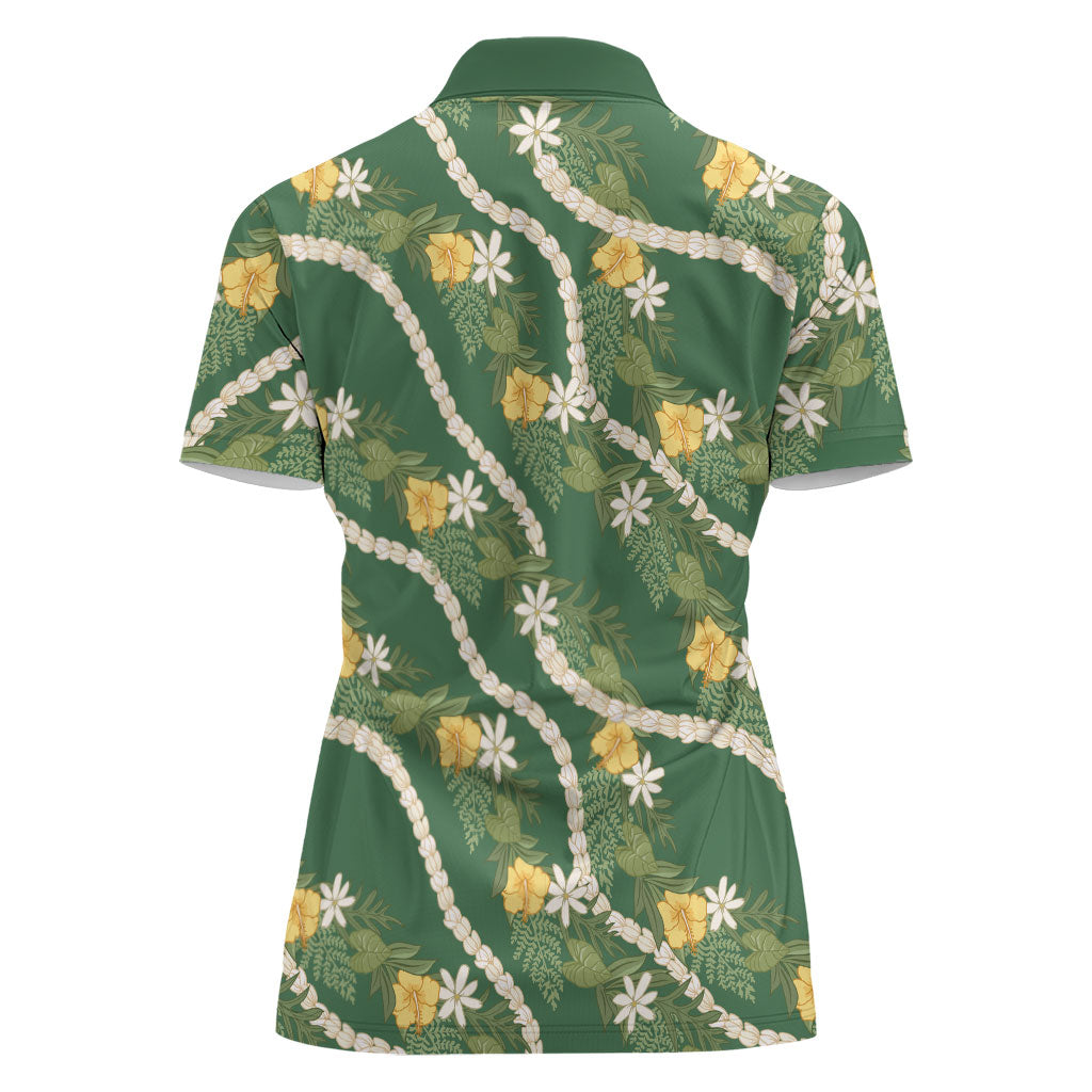Hawaiian Pikake Maile Lei Women Polo Shirt Tiare Hibiscus Kalo Palapalai Leaf Green