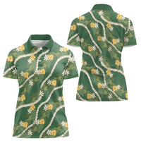 Hawaiian Pikake Maile Lei Women Polo Shirt Tiare Hibiscus Kalo Palapalai Leaf Green
