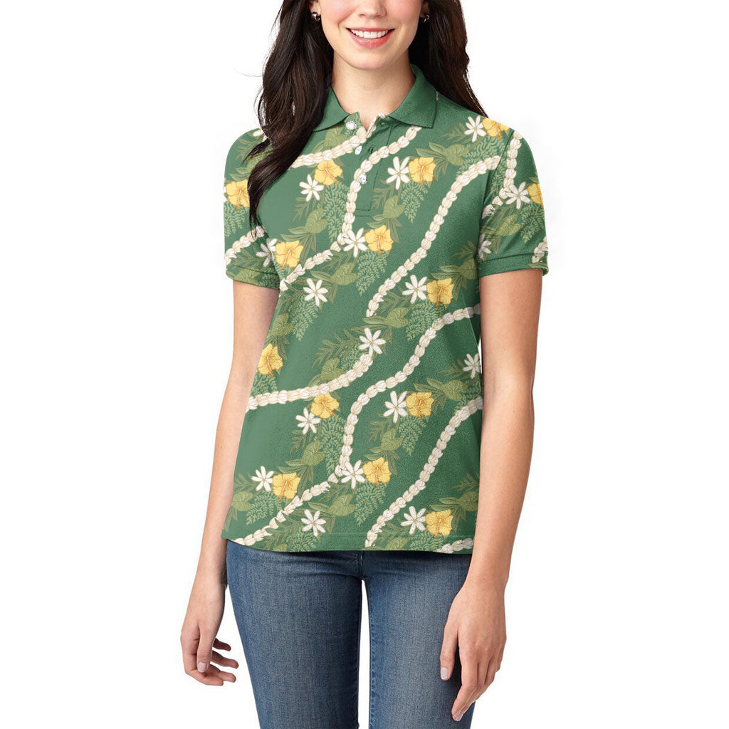 Hawaiian Pikake Maile Lei Women Polo Shirt Tiare Hibiscus Kalo Palapalai Leaf Green
