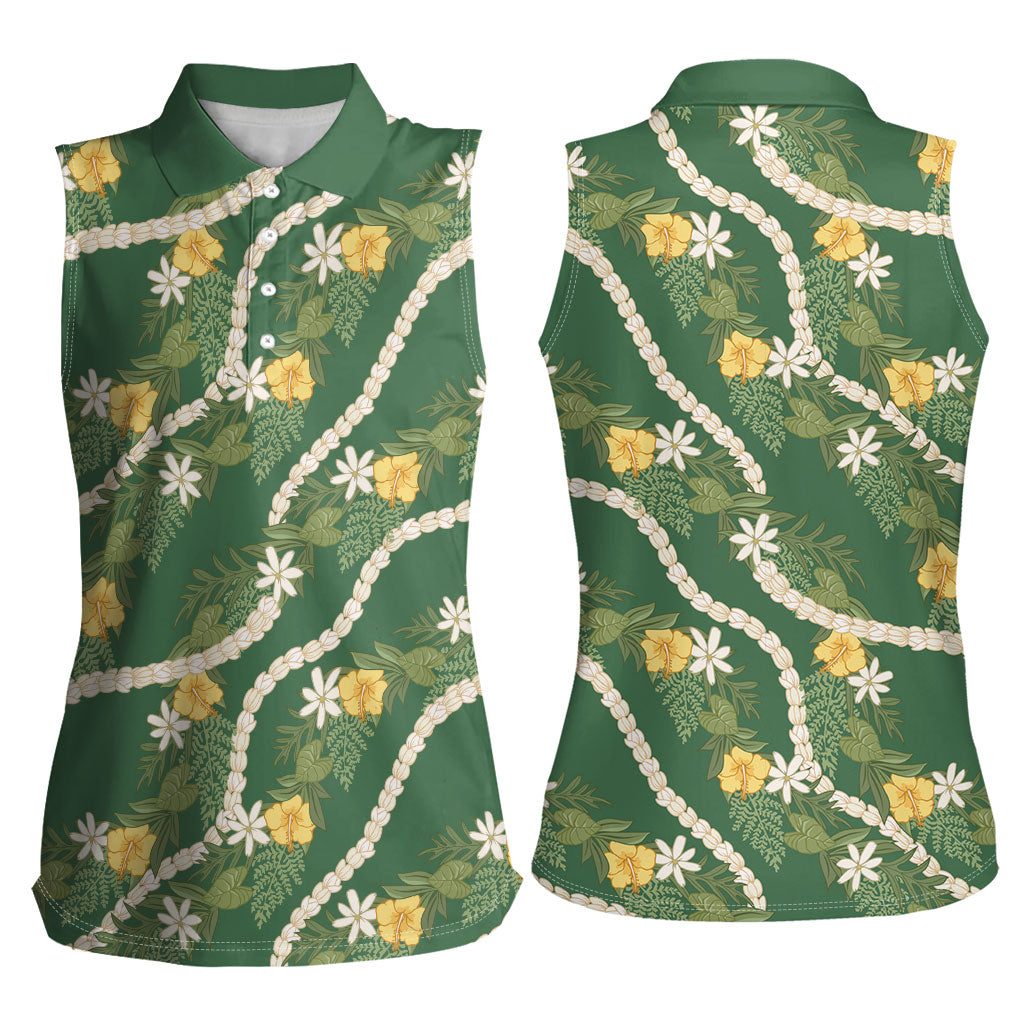 Hawaiian Pikake Maile Lei Women Sleeveless Polo Shirt Tiare Hibiscus Kalo Palapalai Leaf Green LT19 - Polynesian Pride
