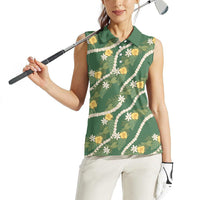Hawaiian Pikake Maile Lei Women Sleeveless Polo Shirt Tiare Hibiscus Kalo Palapalai Leaf Green LT19 - Polynesian Pride