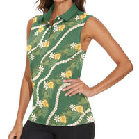 Hawaiian Pikake Maile Lei Women Sleeveless Polo Shirt Tiare Hibiscus Kalo Palapalai Leaf Green LT19 - Polynesian Pride