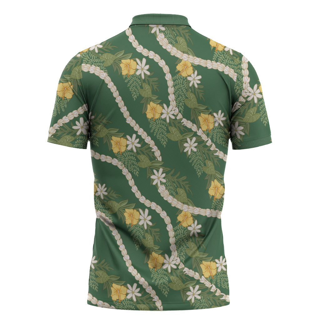 Hawaiian Pikake Maile Lei Zipper Polo Shirt Tiare Hibiscus Kalo Palapalai Leaf Green LT19 - Polynesian Pride