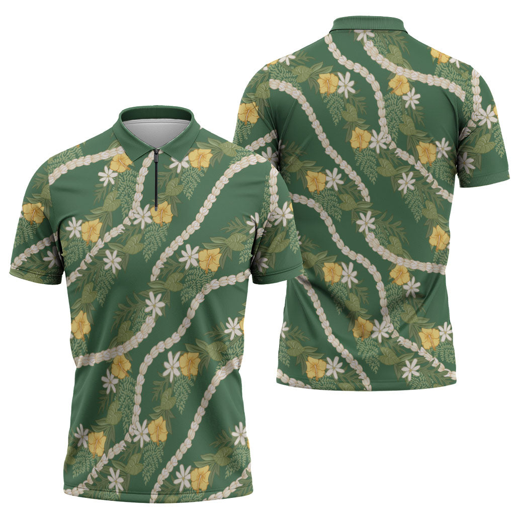 Hawaiian Pikake Maile Lei Zipper Polo Shirt Tiare Hibiscus Kalo Palapalai Leaf Green LT19 - Polynesian Pride