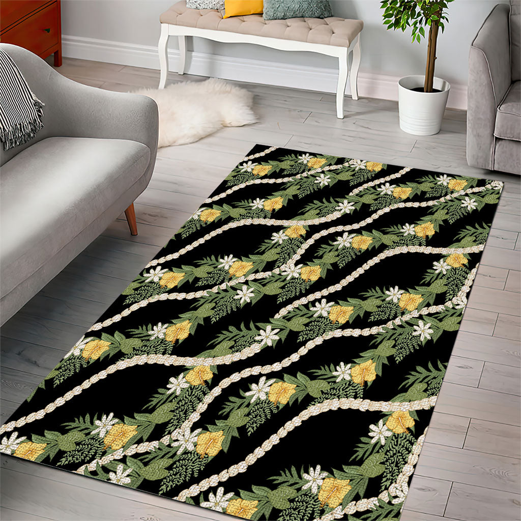 Hawaiian Pikake Maile Lei Area Rug Tiare Hibiscus Kalo Palapalai Leaf Black