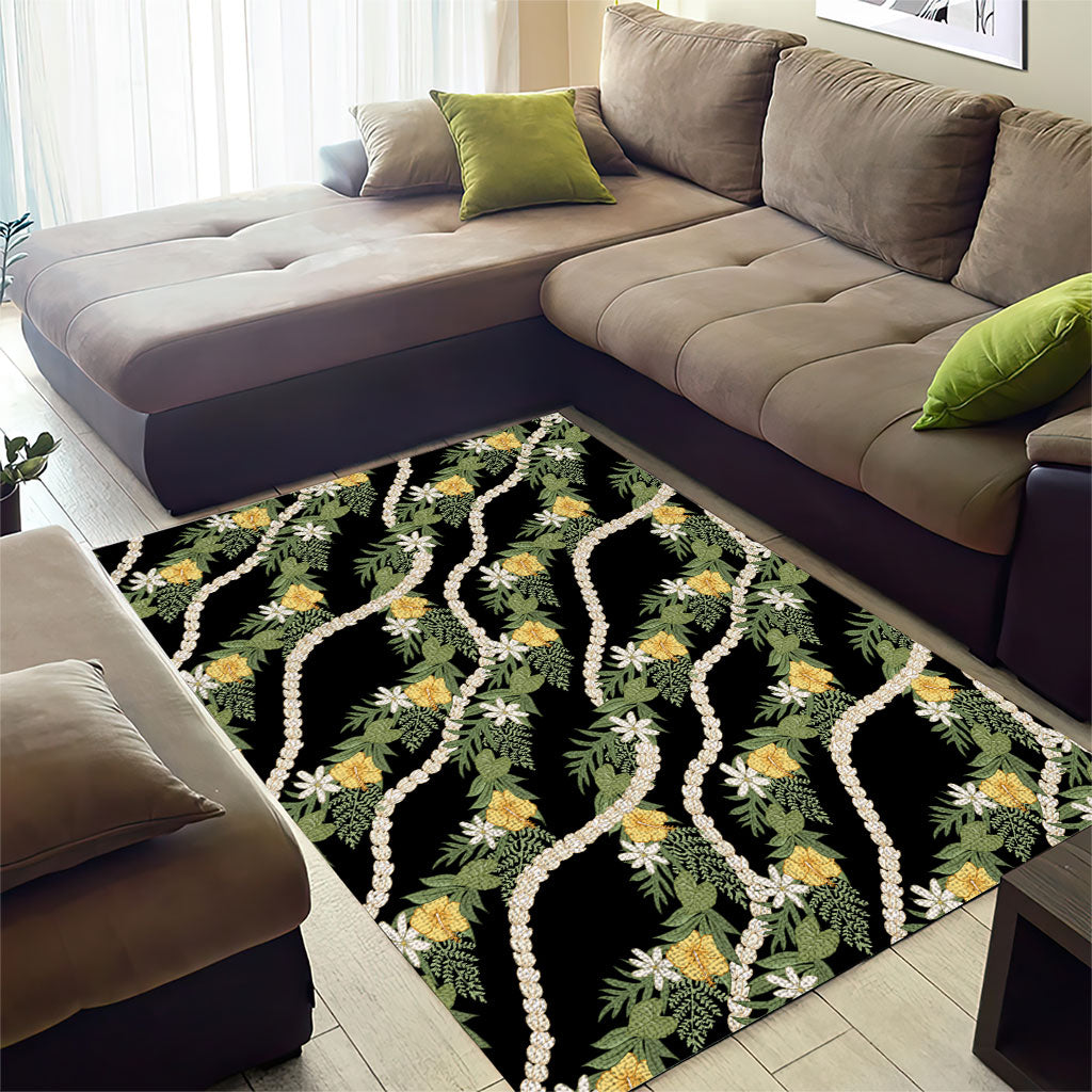 Hawaiian Pikake Maile Lei Area Rug Tiare Hibiscus Kalo Palapalai Leaf Black