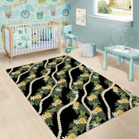 Hawaiian Pikake Maile Lei Area Rug Tiare Hibiscus Kalo Palapalai Leaf Black
