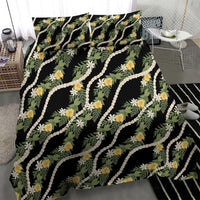 Hawaiian Pikake Maile Lei Bedding Set Tiare Hibiscus Kalo Palapalai Leaf Black
