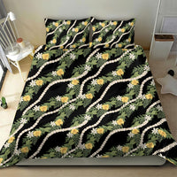 Hawaiian Pikake Maile Lei Bedding Set Tiare Hibiscus Kalo Palapalai Leaf Black