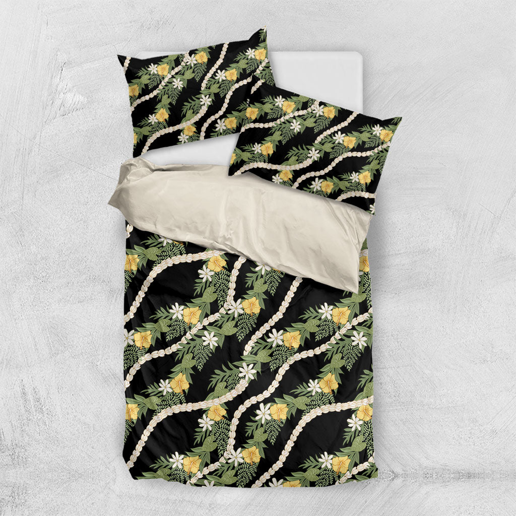 Hawaiian Pikake Maile Lei Bedding Set Tiare Hibiscus Kalo Palapalai Leaf Black