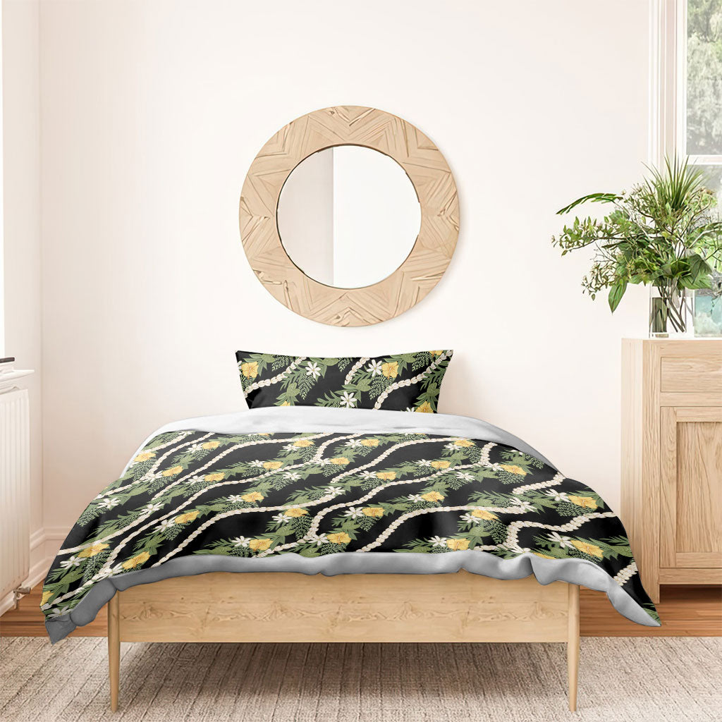 Hawaiian Pikake Maile Lei Bedding Set Tiare Hibiscus Kalo Palapalai Leaf Black