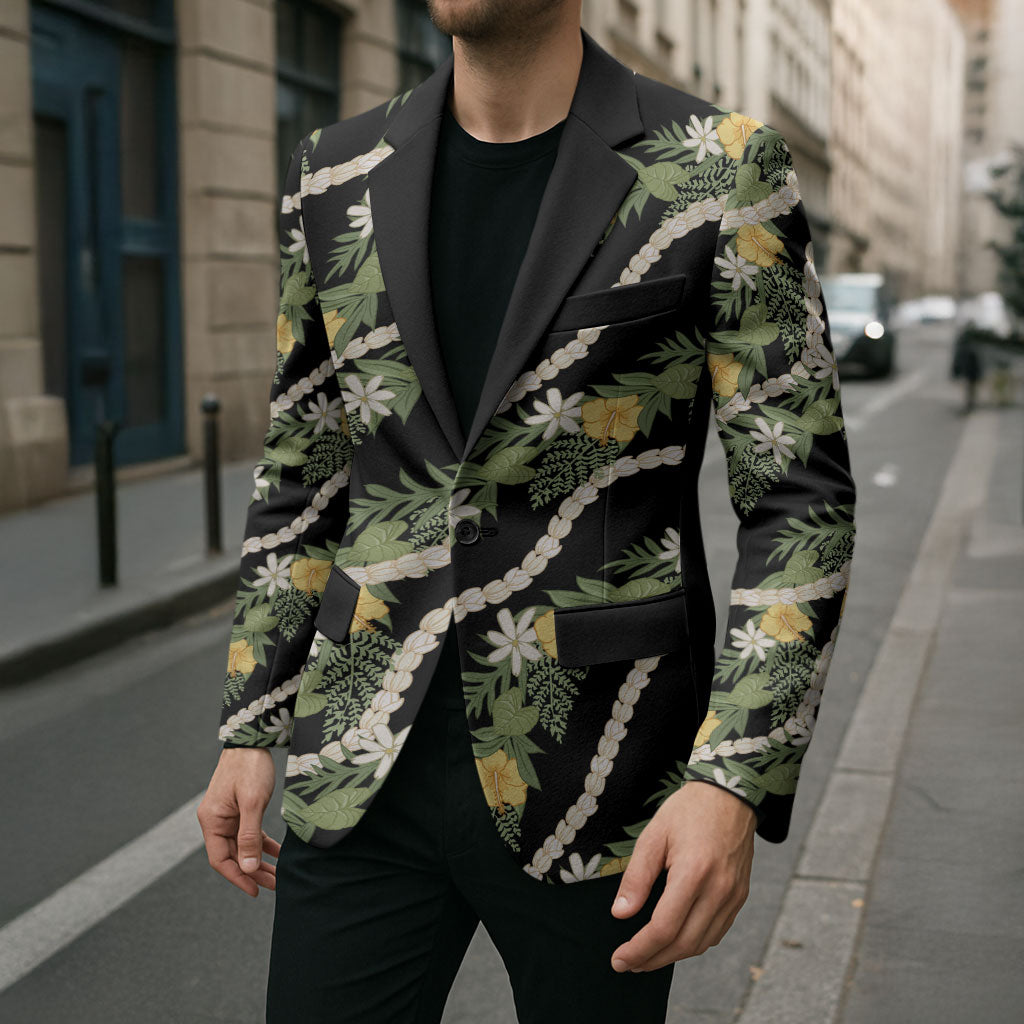 Hawaiian Pikake Maile Lei Blazer Tiare Hibiscus Kalo Palapalai Leaf Black