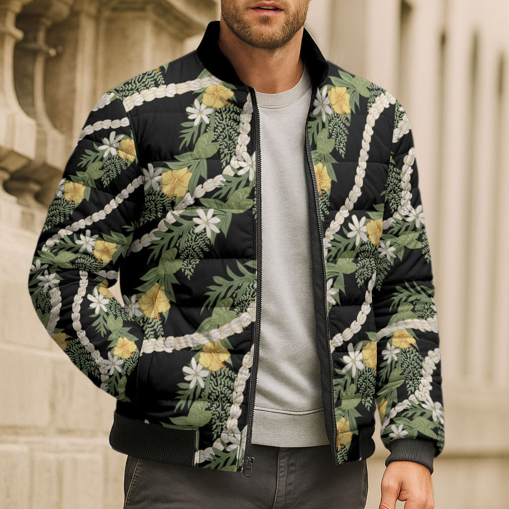Hawaiian Pikake Maile Lei Bomber Puffer Jacket Tiare Hibiscus Kalo Palapalai Leaf Black
