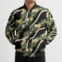 Hawaiian Pikake Maile Lei Bomber Puffer Jacket Tiare Hibiscus Kalo Palapalai Leaf Black