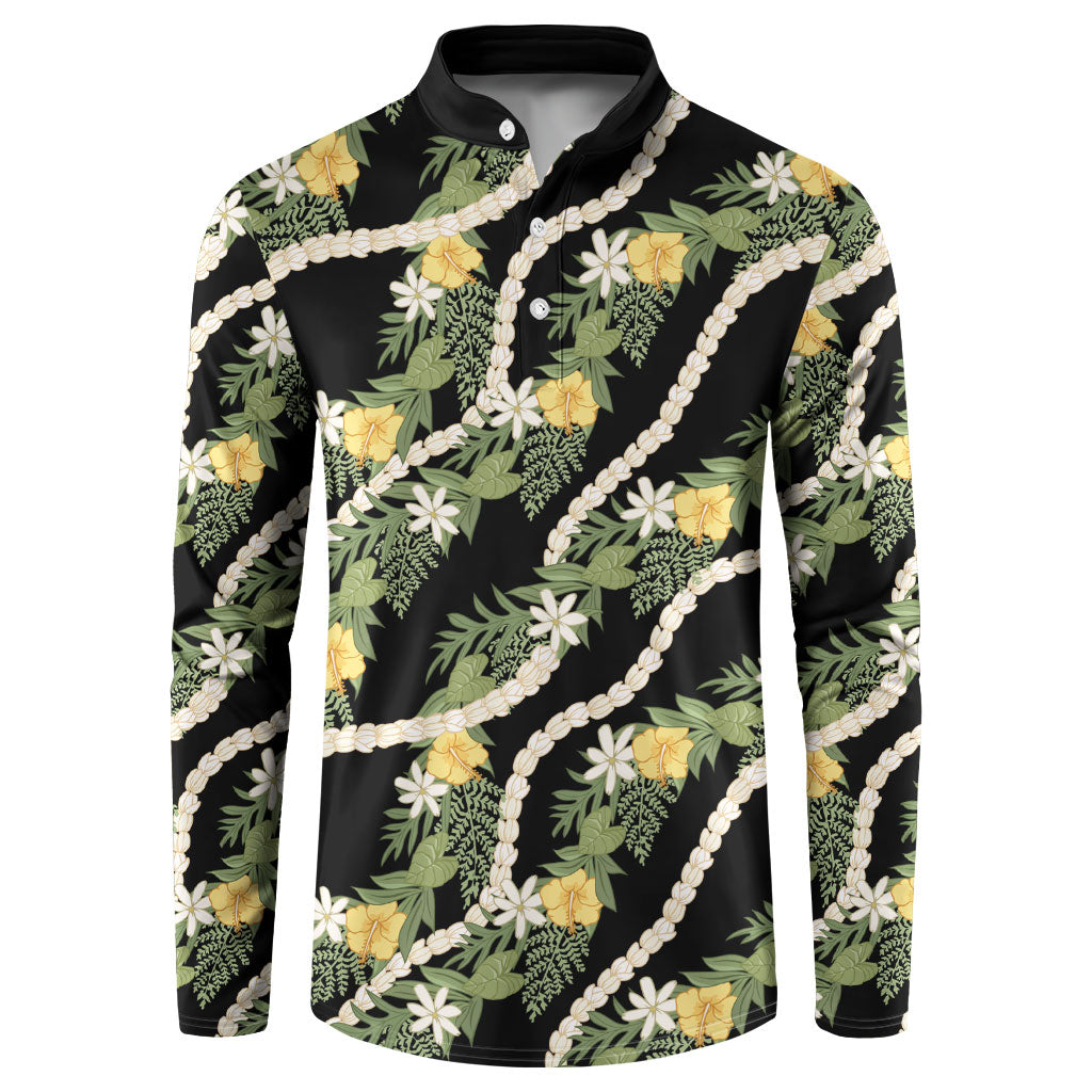 Hawaiian Pikake Maile Lei Button Sweatshirt Tiare Hibiscus Kalo Palapalai Leaf Black