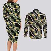Hawaiian Pikake Maile Lei Couples Matching Long Sleeve Bodycon Dress and Long Sleeve Button Shirt Tiare Hibiscus Kalo Palapalai Leaf Black LT19 - Polynesian Pride