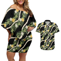 Hawaiian Pikake Maile Lei Couples Matching Off Shoulder Short Dress and Hawaiian Shirt Tiare Hibiscus Kalo Palapalai Leaf Black LT19 Black - Polynesian Pride