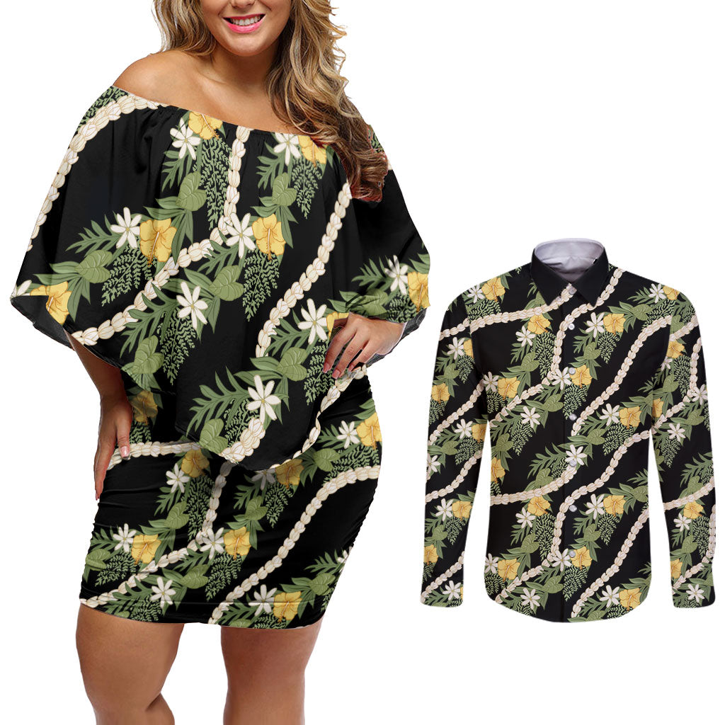 Hawaiian Pikake Maile Lei Couples Matching Off Shoulder Short Dress and Long Sleeve Button Shirt Tiare Hibiscus Kalo Palapalai Leaf Black LT19 Black - Polynesian Pride