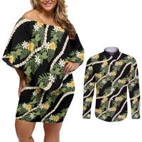 Hawaiian Pikake Maile Lei Couples Matching Off Shoulder Short Dress and Long Sleeve Button Shirt Tiare Hibiscus Kalo Palapalai Leaf Black LT19 Black - Polynesian Pride
