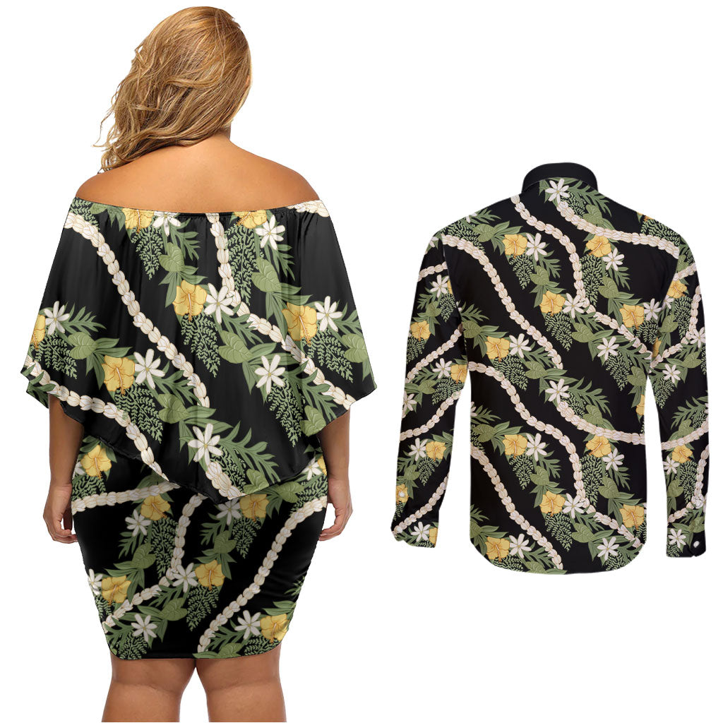 Hawaiian Pikake Maile Lei Couples Matching Off Shoulder Short Dress and Long Sleeve Button Shirt Tiare Hibiscus Kalo Palapalai Leaf Black LT19 - Polynesian Pride