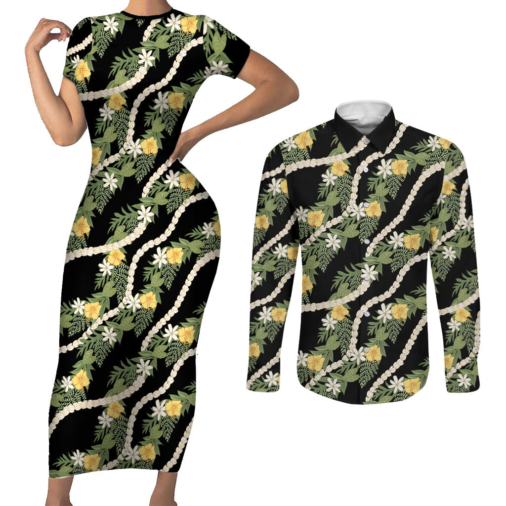 Hawaiian Pikake Maile Lei Couples Matching Short Sleeve Bodycon Dress and Long Sleeve Button Shirt Tiare Hibiscus Kalo Palapalai Leaf Black LT19 Black - Polynesian Pride